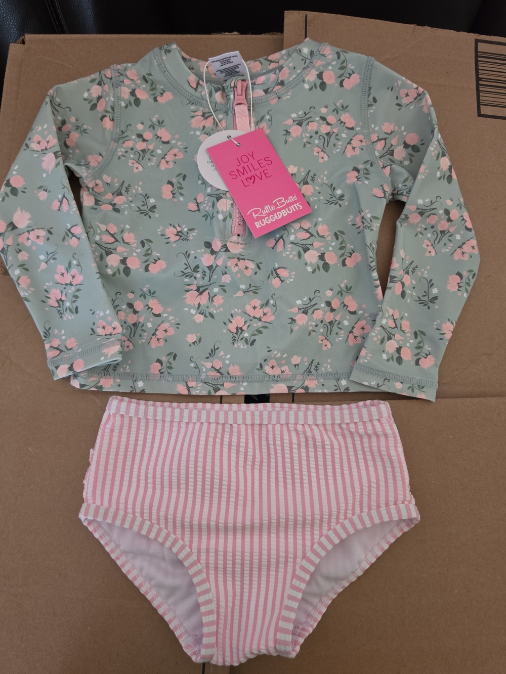 RuffleButts Mint Green Floral Rash Guard Set with Pink Stripes